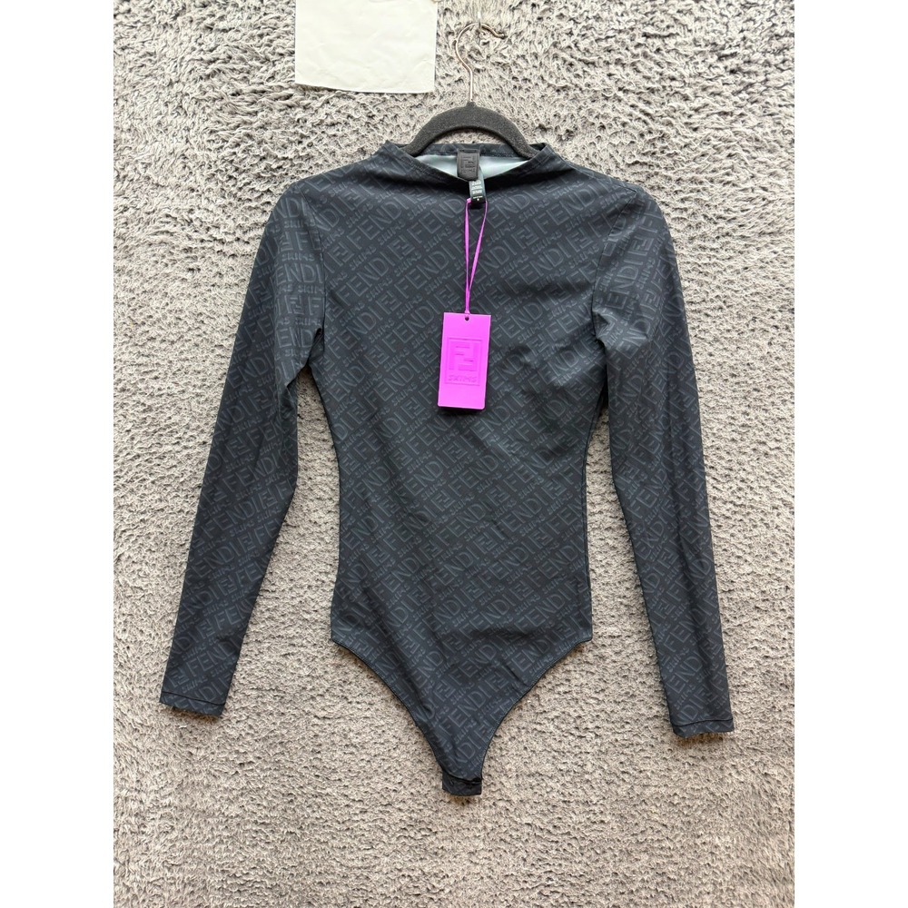 NWT Fendi x Skims Monogram Mock Neck Long Sleeve Bodysuit Black Women's Size M